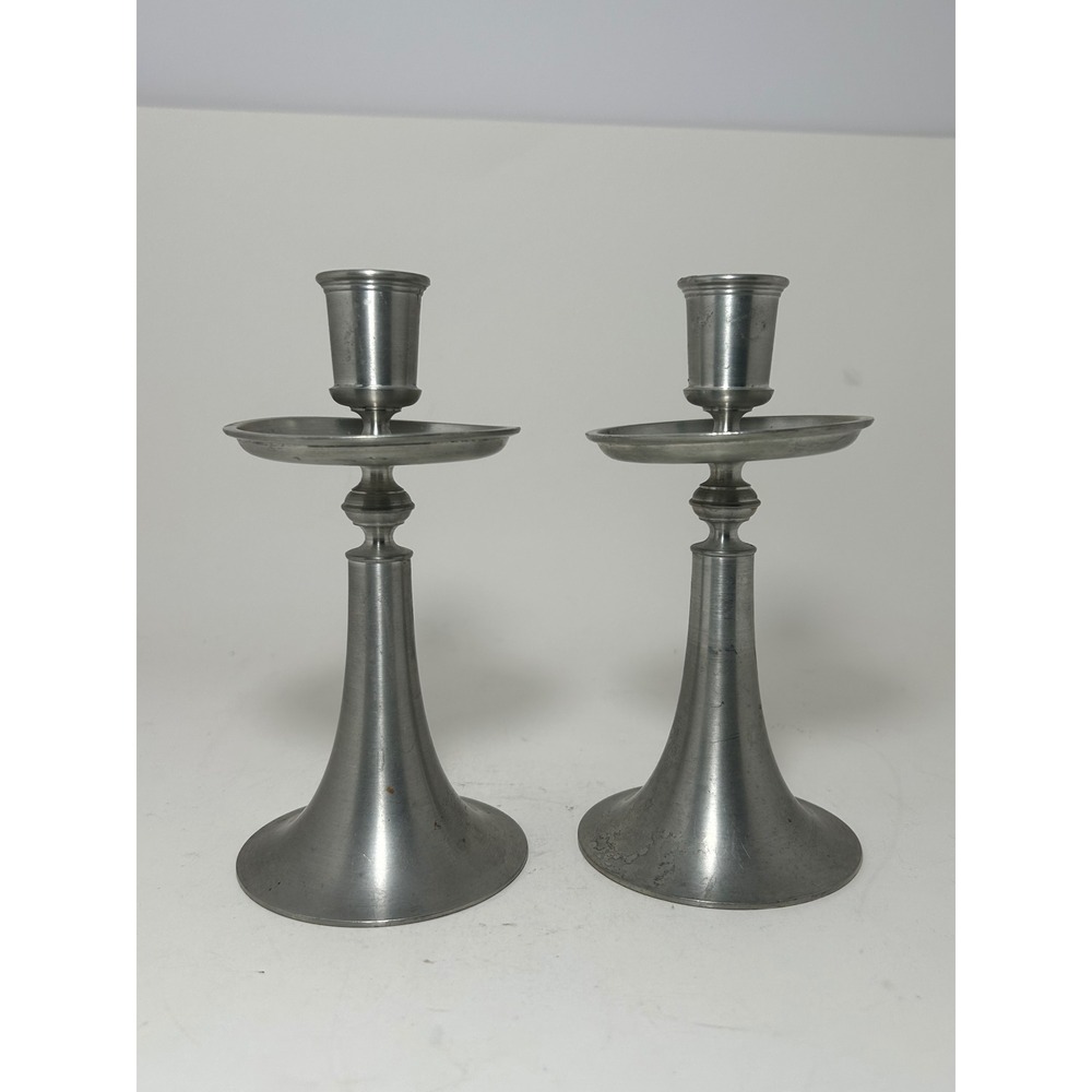 Royal Selangor Pewter Candlestick Holders‎ Pair Flared Trumpet Base Silver Tone